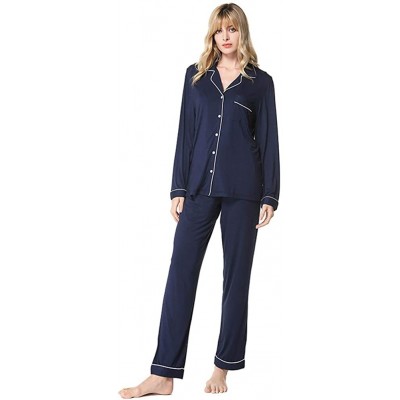 Sets Pajamas Set Long Sleeve Nightwear Button Down Sleepwear Loungewear for Women - Navy Blue - C2194HREKSK