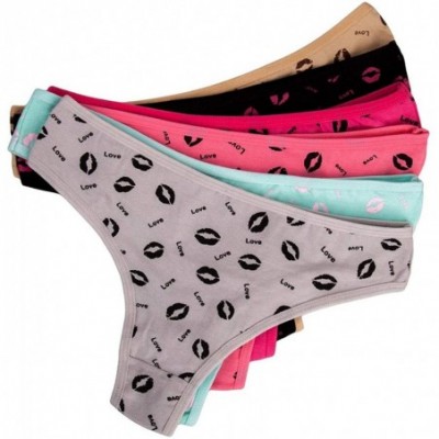 Panties 5 Pcs/Set Sexy Thong for Women Girls Cotton G Strings Panties Lip Print Dot Underwear - B Mixed Color-5 Pcs L - CI18Z...