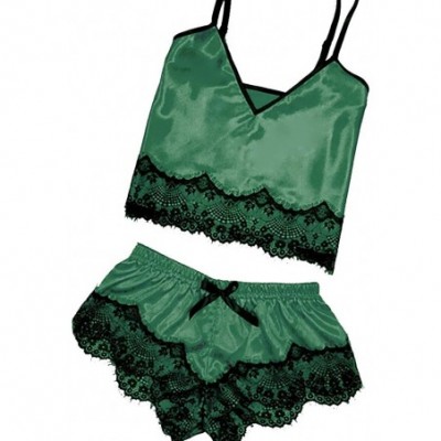 Sets Sexy Satin Sling Sleepwear Eyelash Lace Bodysuit Lingerie Set Babydoll Chemise Silk V Neck Sleepwear Pajamas Green - CB1...