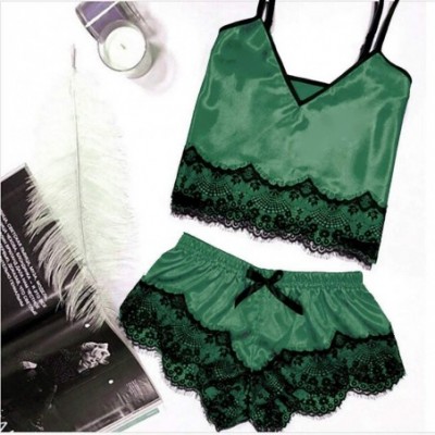 Sets Sexy Satin Sling Sleepwear Eyelash Lace Bodysuit Lingerie Set Babydoll Chemise Silk V Neck Sleepwear Pajamas Green - CB1...