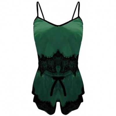 Sets Sexy Satin Sling Sleepwear Eyelash Lace Bodysuit Lingerie Set Babydoll Chemise Silk V Neck Sleepwear Pajamas Green - CB1...