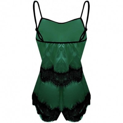 Sets Sexy Satin Sling Sleepwear Eyelash Lace Bodysuit Lingerie Set Babydoll Chemise Silk V Neck Sleepwear Pajamas Green - CB1...