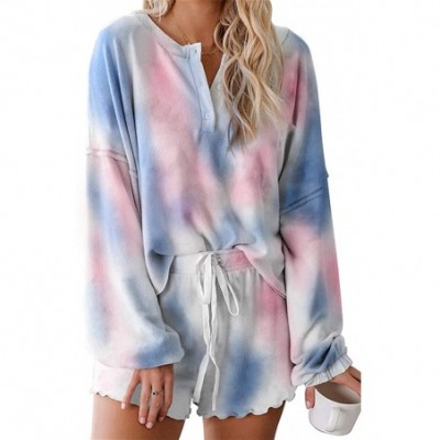 Nightgowns & Sleepshirts Womens Tie Dye Printed Ruffle Short Pajamas Set Long Sleeve Tops and Shors PJ Set Loungewear Nightwe...