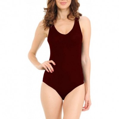 Shapewear Bodysuit for Juniors Racerback Tank Top Snap V-Neck Sleeveless Bodysuits - Burgundy - C818TL7ST59