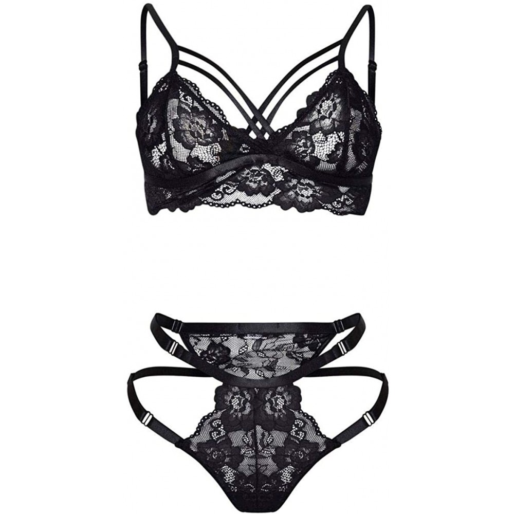 Bras Underwear Sets for Women Sexy Push up Padded Bras Lace Bra and Panty Set Sexy-Sexy Lace Thongs for Women - E-black - C51...