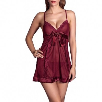 Sets Women's Lingerie Lace Embroidered Nightwear Sexy Sleepwear Nightdress + Thong - Red - CF185W7TTA4