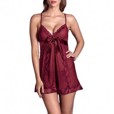 Sets Women's Lingerie Lace Embroidered Nightwear Sexy Sleepwear Nightdress + Thong - Red - CF185W7TTA4