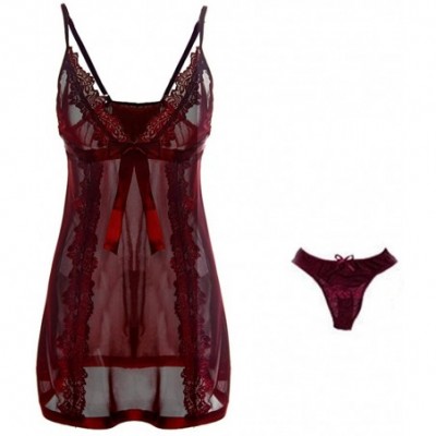 Sets Women's Lingerie Lace Embroidered Nightwear Sexy Sleepwear Nightdress + Thong - Red - CF185W7TTA4