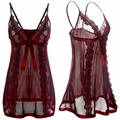 Sets Women's Lingerie Lace Embroidered Nightwear Sexy Sleepwear Nightdress + Thong - Red - CF185W7TTA4