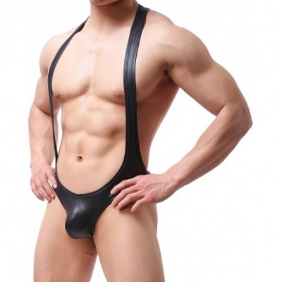 Shapewear Men Sexy Leather Bodysuit Jumpsuit Underwear Leotard Singlet Open Front One Piece- Black - Black Man Bodysuit - CR1...