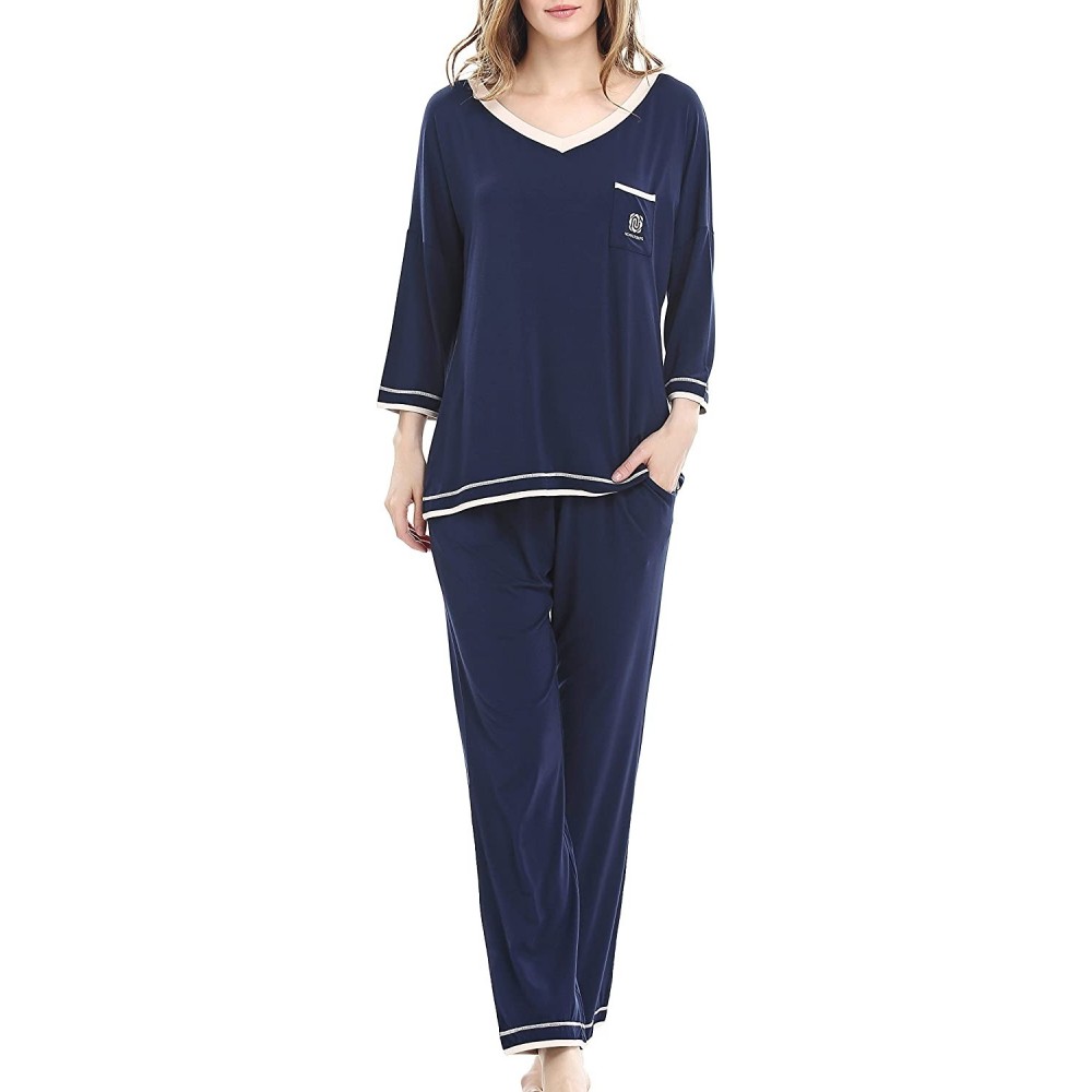 Sets Women's V-Neck Knit Sleepwear 3/4 Sleeves Top with Pants Soft Pajama Set - A-dark Blue - CJ17YIXW6IS