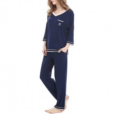 Sets Women's V-Neck Knit Sleepwear 3/4 Sleeves Top with Pants Soft Pajama Set - A-dark Blue - CJ17YIXW6IS