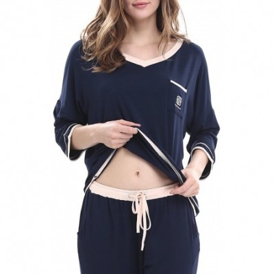 Sets Women's V-Neck Knit Sleepwear 3/4 Sleeves Top with Pants Soft Pajama Set - A-dark Blue - CJ17YIXW6IS