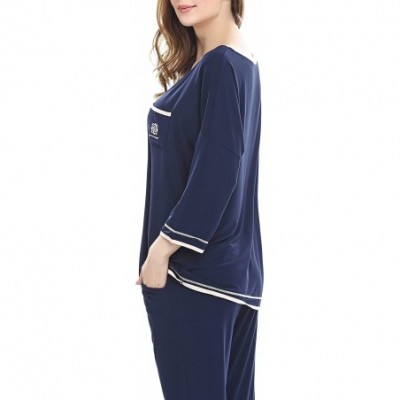 Sets Women's V-Neck Knit Sleepwear 3/4 Sleeves Top with Pants Soft Pajama Set - A-dark Blue - CJ17YIXW6IS