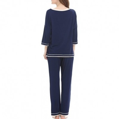 Sets Women's V-Neck Knit Sleepwear 3/4 Sleeves Top with Pants Soft Pajama Set - A-dark Blue - CJ17YIXW6IS