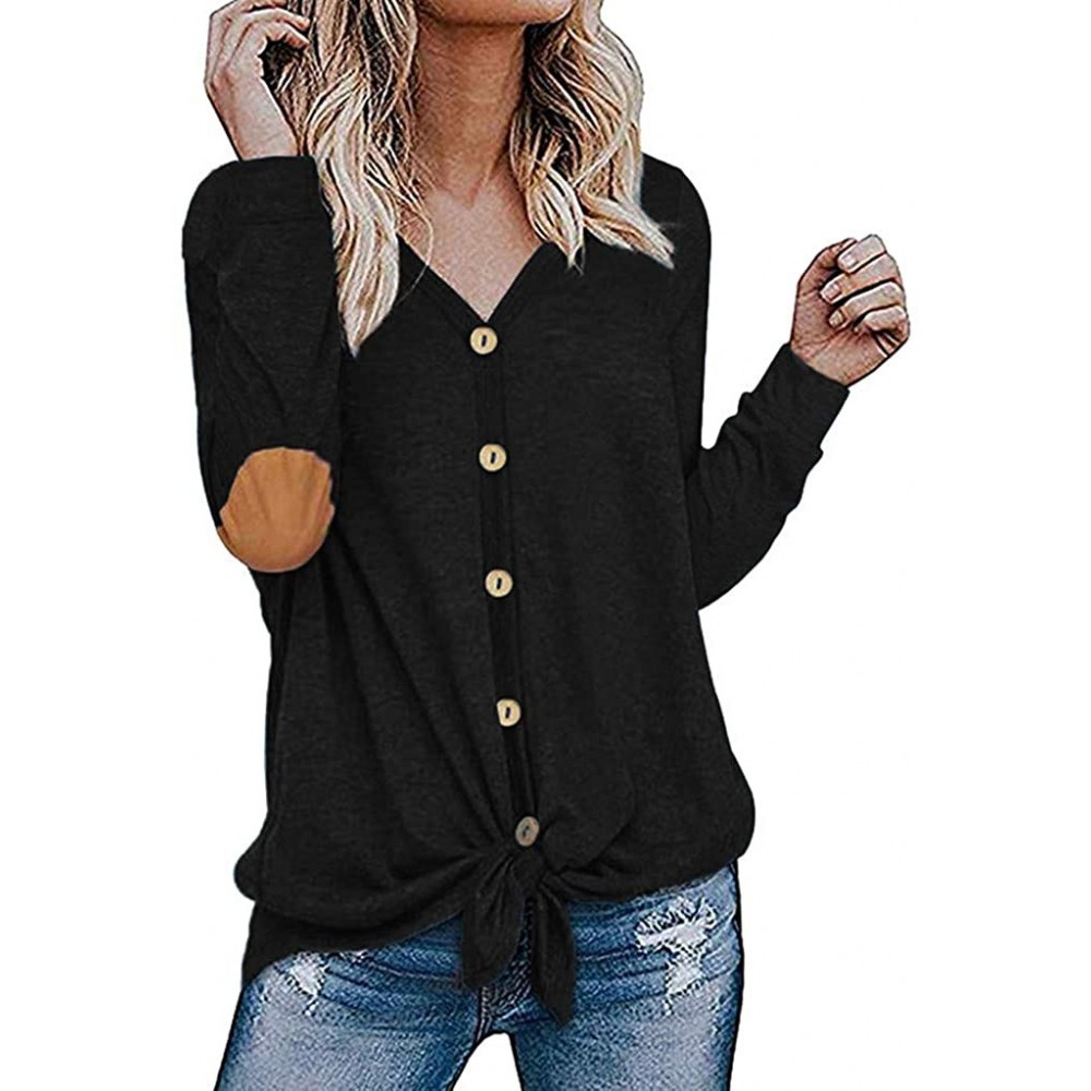 Tops Women's Winter Fashion Long Sleeve Elbow Patch Button Hem Tied TopSequins Plaid T-Shirt Blouse - Black - C4194Q2RM0T