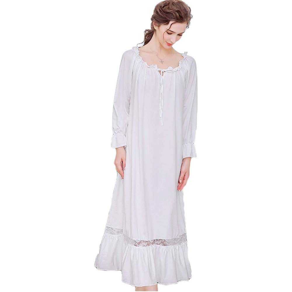 Nightgowns & Sleepshirts Women's Sleepwear Lace Victorian Long Sleeve Nightgown Dress - White - CK187Y2EZ5E