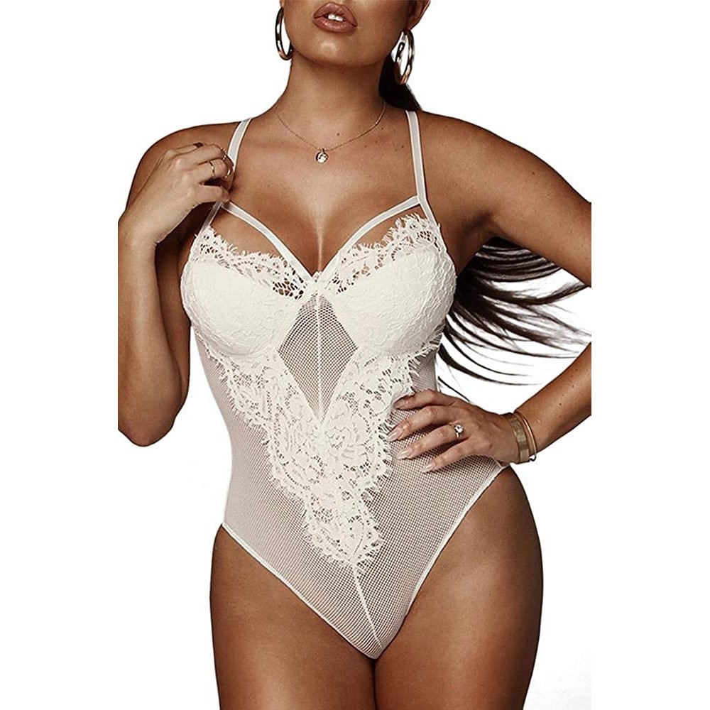 Shapewear Women Sexy Lingeries Sets V Neck Hollow-Out Lace Bodysuit Teddy Rompers - Eyelash White - CM18TRZW8QA