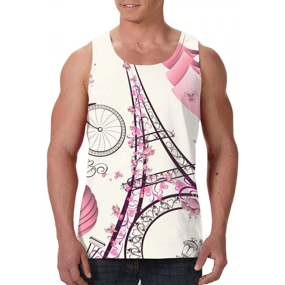 Undershirts Men's Soft Tank Tops Novelty 3D Printed Gym Workout Athletic Undershirt - Pink Paris Eiffel Tower - CF19D8GH6SQ