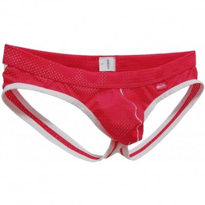 G-Strings & Thongs Men's Mesh Low-Rise Jock Strap - Red - C718AU4787D