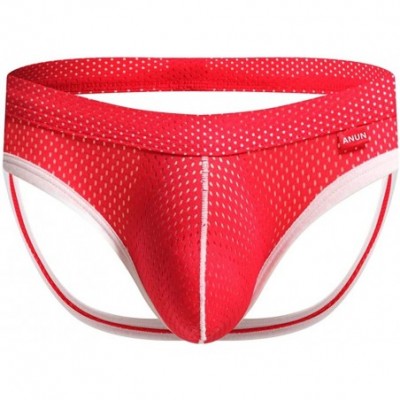 G-Strings & Thongs Men's Mesh Low-Rise Jock Strap - Red - C718AU4787D