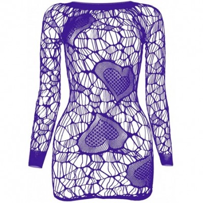 Baby Dolls & Chemises Women Size US2-18 Fishnet Long Sleeve Lingerie Heart Style Babydoll Bodysuit Dress - Purple - CF18RH2EQY4