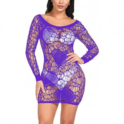 Baby Dolls & Chemises Women Size US2-18 Fishnet Long Sleeve Lingerie Heart Style Babydoll Bodysuit Dress - Purple - CF18RH2EQY4