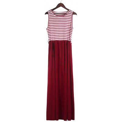 Tops Sleeveless Dress Ladies Striped Dress Fashion Dress Solid Color Dress Mosaic Skirt - Red - C618UDCNO76