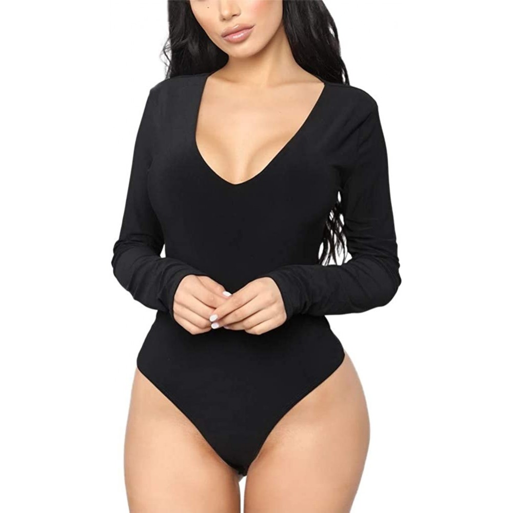 Shapewear Women's Sexy Off Shoulder Bodycon V Neck Long Sleeve Bodysuit Stretchy Ribbed Knit Leotard Tops - Black B - C31983O...