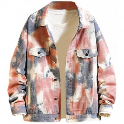 Thermal Underwear Men Tie Dyed Denim Jacket Hooded Long-Sleeved Shirt Coat Casual Autumn&Winter Sweatshirt Outwear - Pink - C...