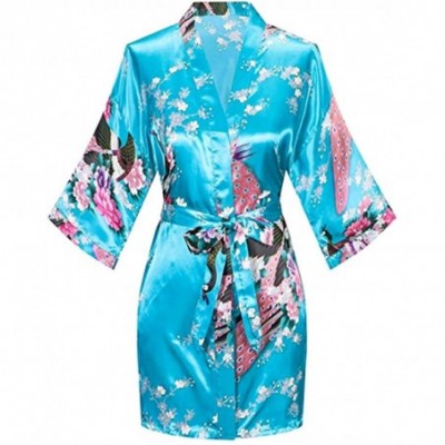 Robes Womens Short Kimono Robes Satin Floral Bathrobe Dressing Gown for Bride Bridesmaid Wedding Bridal Party Sky Blue - CN19...