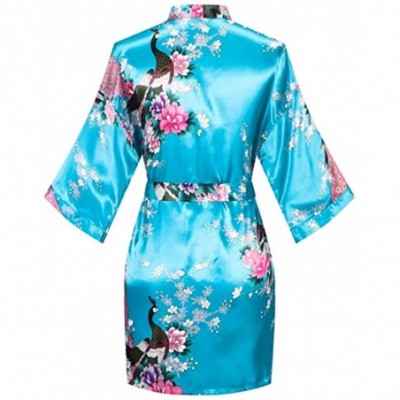 Robes Womens Short Kimono Robes Satin Floral Bathrobe Dressing Gown for Bride Bridesmaid Wedding Bridal Party Sky Blue - CN19...