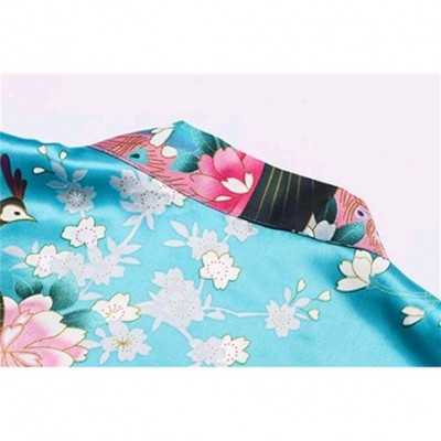 Robes Womens Short Kimono Robes Satin Floral Bathrobe Dressing Gown for Bride Bridesmaid Wedding Bridal Party Sky Blue - CN19...