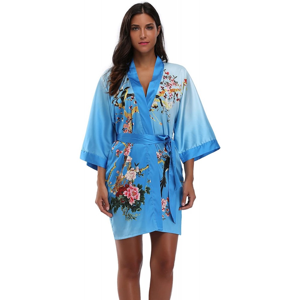 Robes Women's Floral Pattern Design Kimono Robe- Short - Blue - C217Z3WQG5G