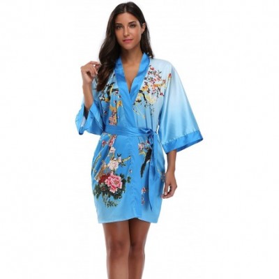 Robes Women's Floral Pattern Design Kimono Robe- Short - Blue - C217Z3WQG5G