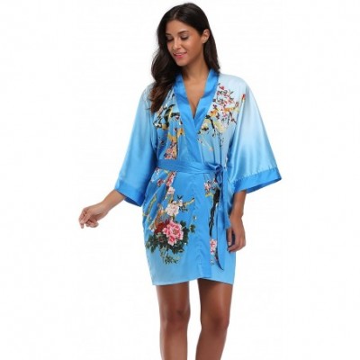 Robes Women's Floral Pattern Design Kimono Robe- Short - Blue - C217Z3WQG5G