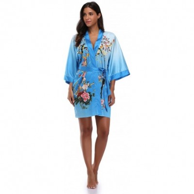 Robes Women's Floral Pattern Design Kimono Robe- Short - Blue - C217Z3WQG5G