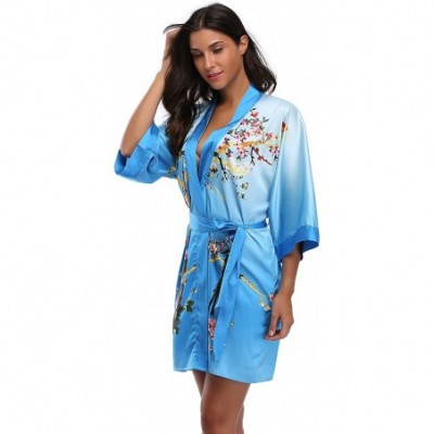 Robes Women's Floral Pattern Design Kimono Robe- Short - Blue - C217Z3WQG5G