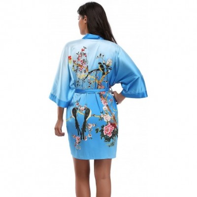 Robes Women's Floral Pattern Design Kimono Robe- Short - Blue - C217Z3WQG5G