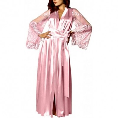 Robes Women Lingerie QUNANEN Sexy Lace Satin Kimono Long Robe Bathrobe Lingerie Sleepwear Belt Pajamas Teddy Sleepskirt Pink ...