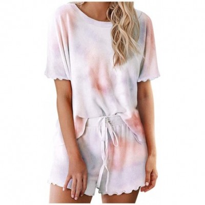 Sets Womens 2 Piece Outfits Short Pajamas Set Lettuce Trim Tie Dye Short Sleeve Shirt and Shorts Nightwear Sleepwear Pink - C...