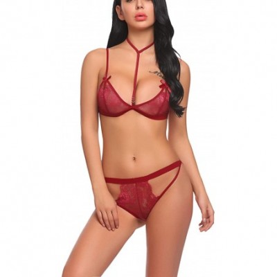 Baby Dolls & Chemises Lingerie for Women Lace Bralette and Panty Set Sexy 2 Piece Outfits Underwear - Dark Red2 - CK18DOKGEH8