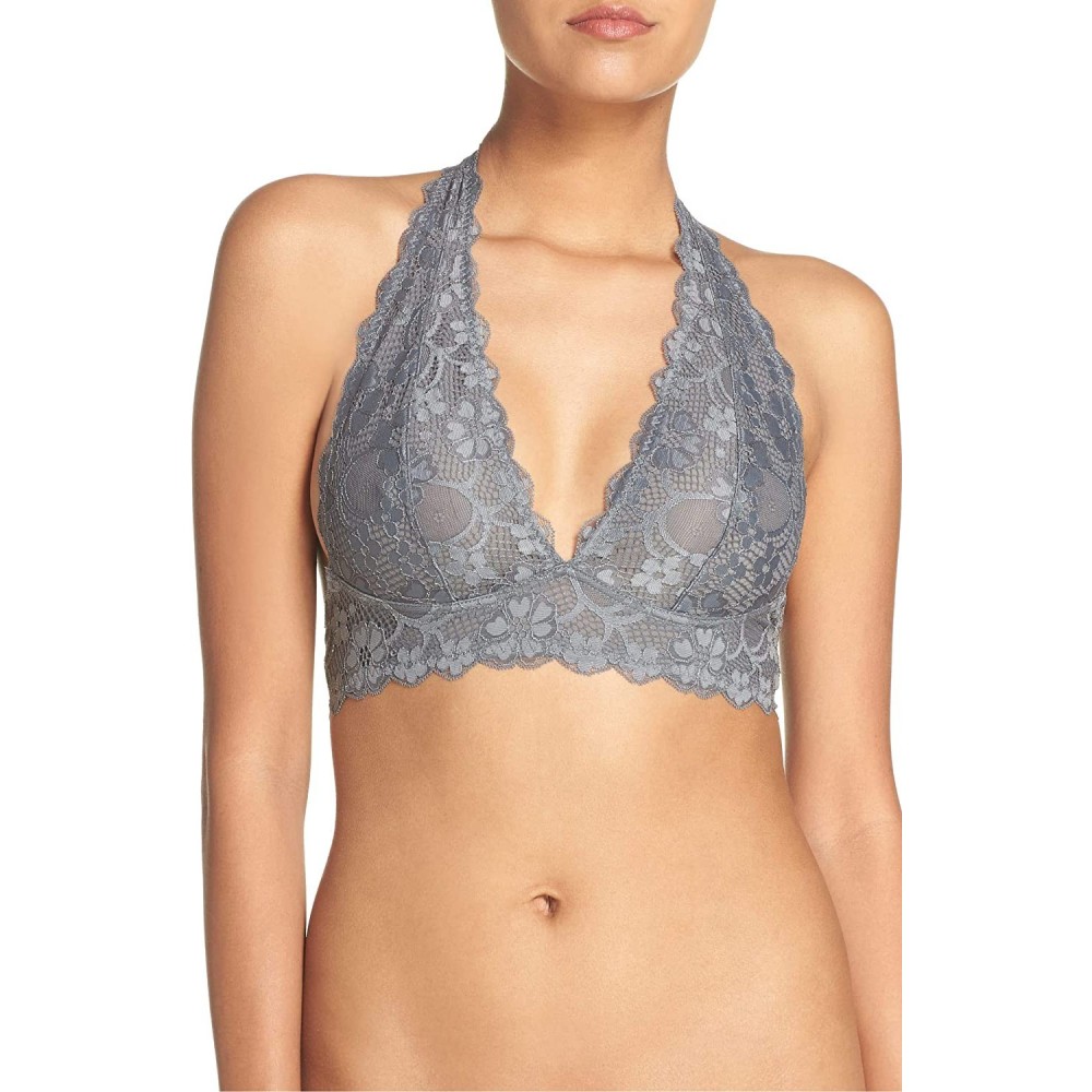 Bras Women's Galloon Lace Halter Bralette Bra - Dark Grey - CS12NV1QH68