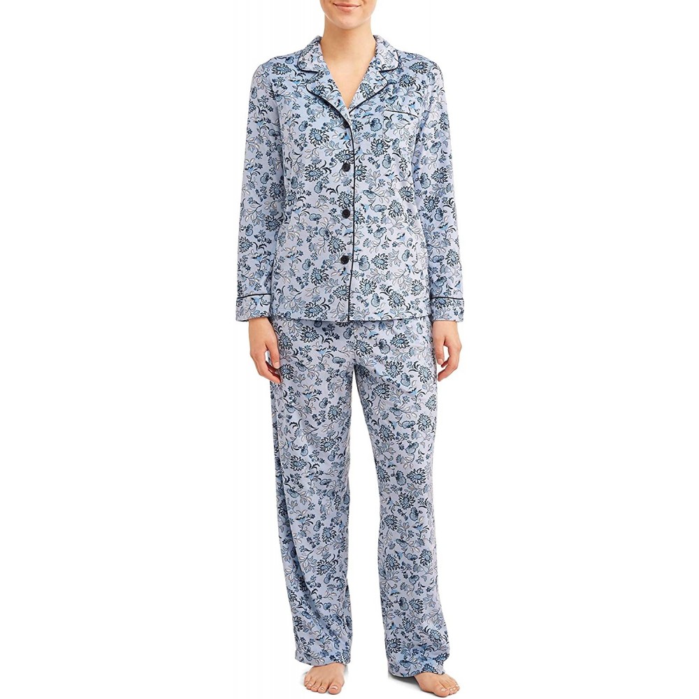 Sets Blue Floral 2 Piece Notch Collar Long Sleeve Pajama Sleep Set - CL18A2LSHY2