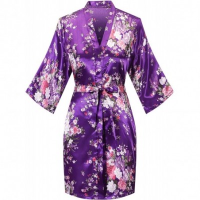 Robes Robes for Women Lightweight Long Sleeve Bathrobe Knee Length Spa Robe Cherry Blossoms Embroidered with Belt Purple - C6...