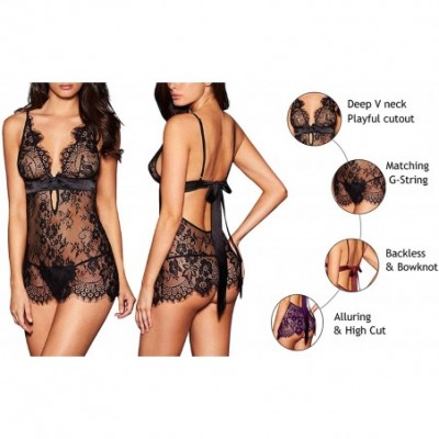 Baby Dolls & Chemises Women Sexy Lingerie Black Eyelash Lace Chemise Babydoll Nightwear - Black - C118INANXLD