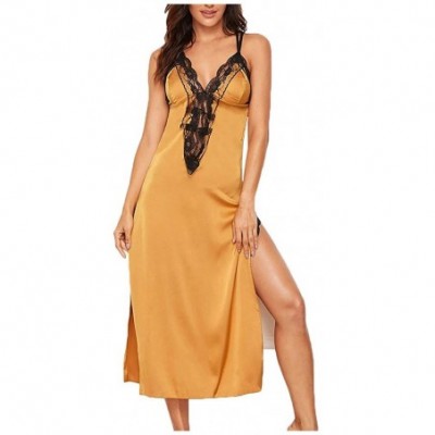 Accessories Women Satin Silk Floral Lace Backless High Split Pajamas Lingerie Sleepdress with Thong - Yellow - CG197D0IISX