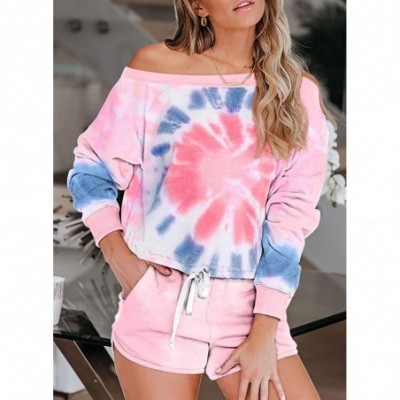 Sets Womens Tie Dye Printed Pajamas Set Long Sleeve Tops and Shorts Sleepwear Set Ruffle Short Lounge Set Loungewear E - CO19...