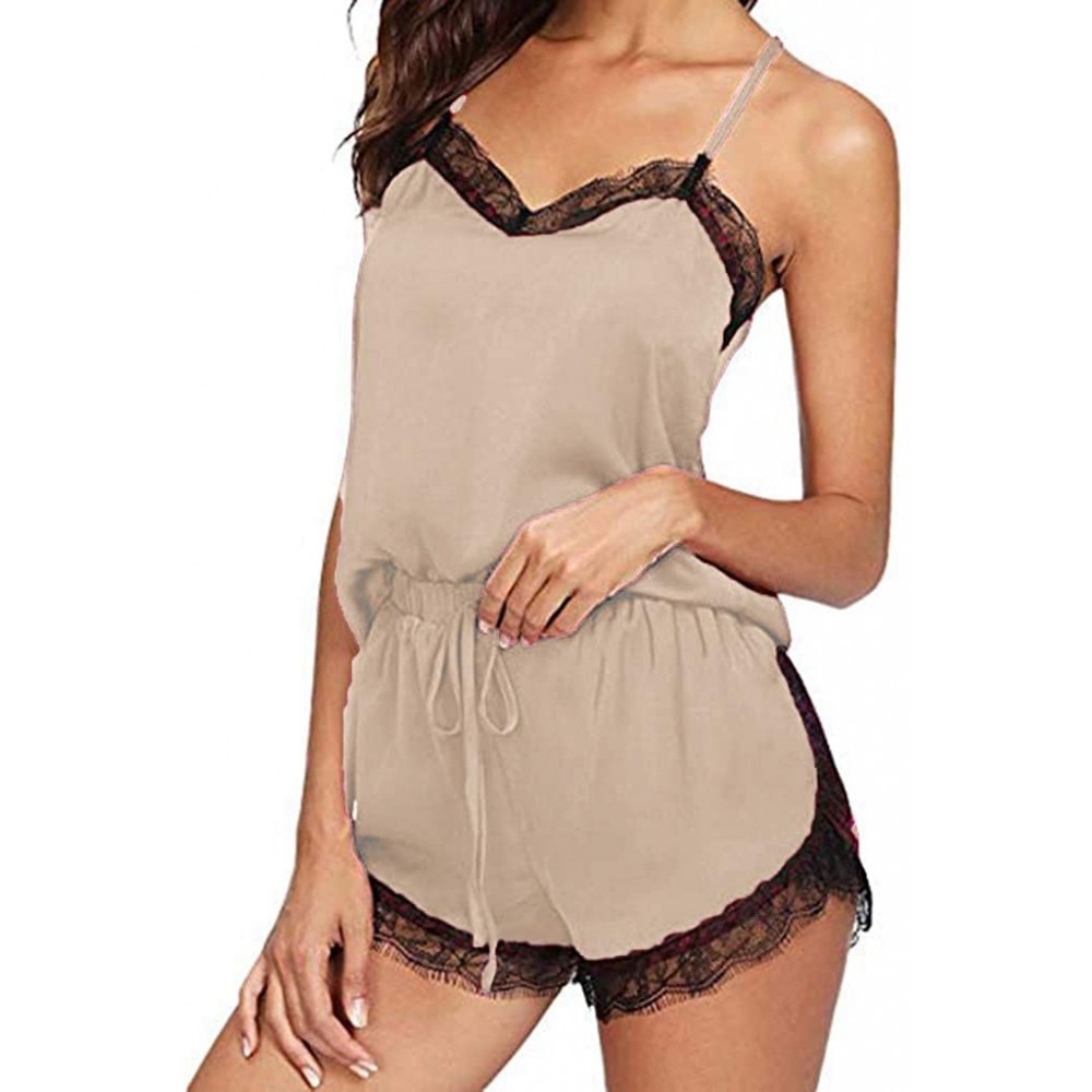 Sets Womens Pajama Cami Set Lace Nightwear 2 Piece Lingerie Short Sleepwear Summer Nightgown pj Set Loungewear - Beige - CQ18...