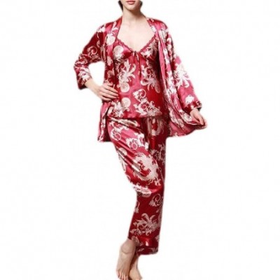 Sets Women Satin Flower Print 3 Pcs Top and Pants Pajama Set - 5 - CY18ZA7CZU4